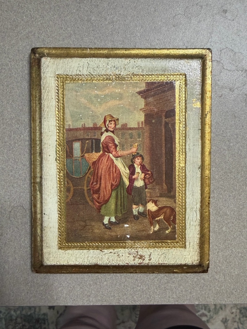 Vintage Framed Italian Country Scene Painting in Gold & Cream